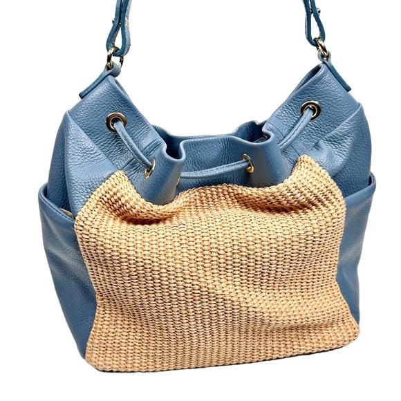 Unica Firenze NEW Italian Leather + Straw Bag Purse Sky Blue - Picture 4 of 16